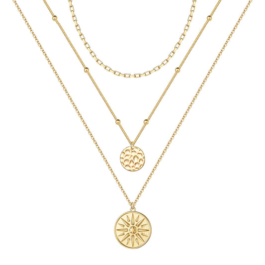 3PCS - Chain&Hammered Disc&Sun Layered Necklaces for Women