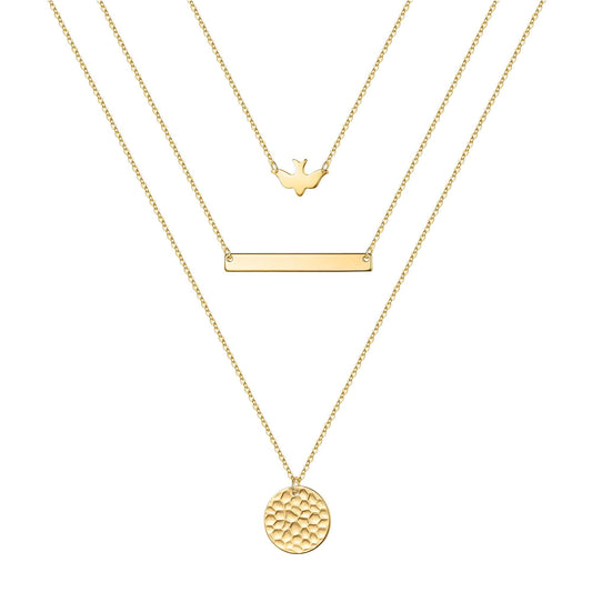 3PCS - Dove&Bar&Hammered Disc Gold Layered Necklaces for Women