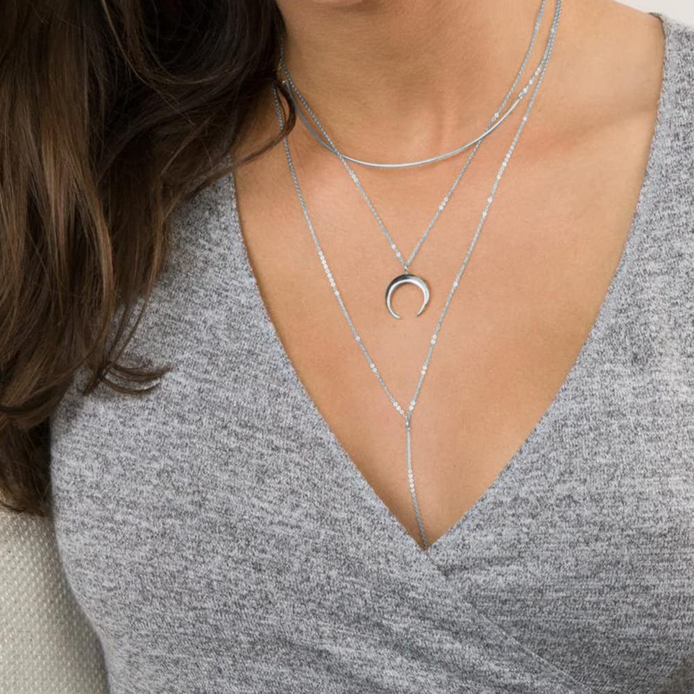 3PCS Silver Chain&Crescent&Bar Layered Necklaces for Women