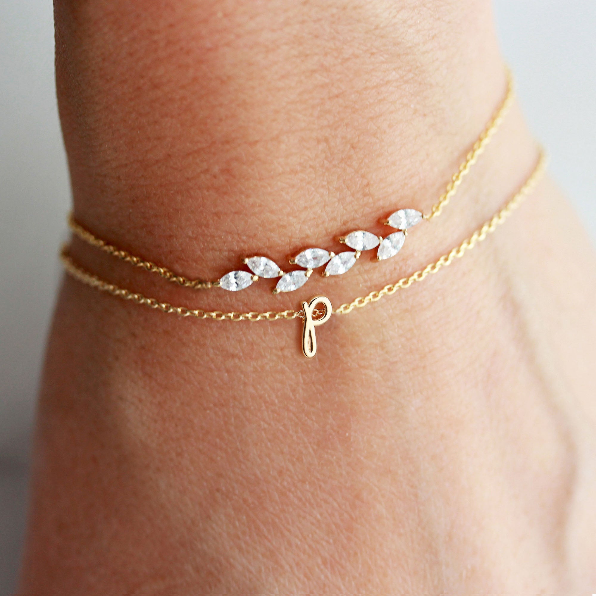 14K Gold Plated Charm Initial Layered Bracelets for Women