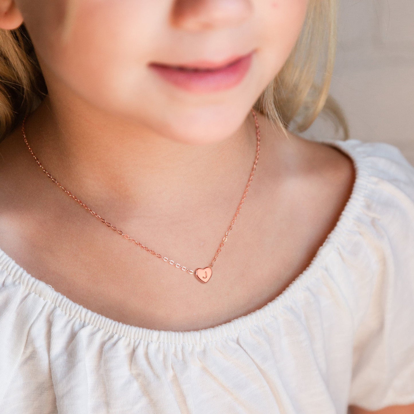 Tiny Heart Initial Necklaces for Girls - 14K Rose Gold Filled Heart Pendant