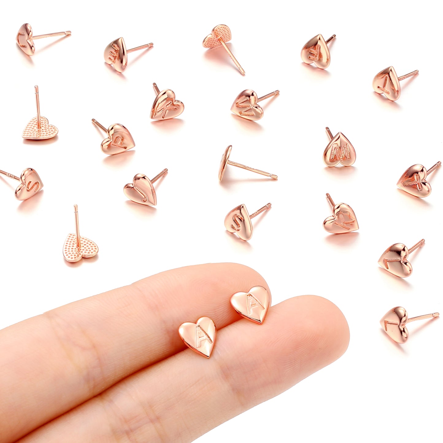 Heart Initial Stud Earrings for Girls, S925 Sterling Silver Post Rose Gold Plated