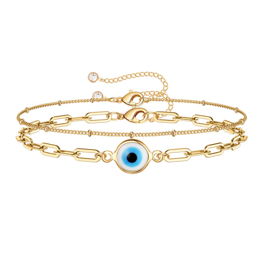 Dainty Layered Oval Chain Evil Eye Bracelet