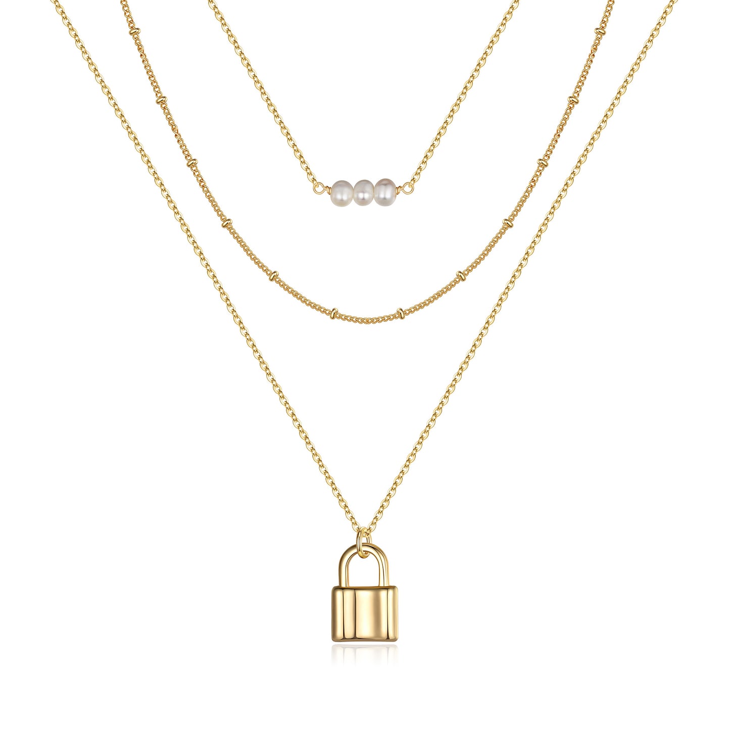 Layered Lock & Pearls Pendant Necklace