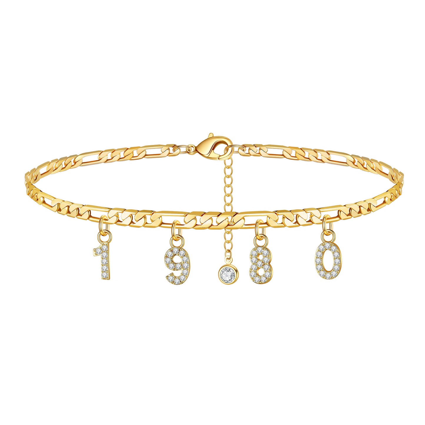 Birth Year Number Ankle Bracelets for Women, 14K Gold Filled Dainty CZ Date Anklet