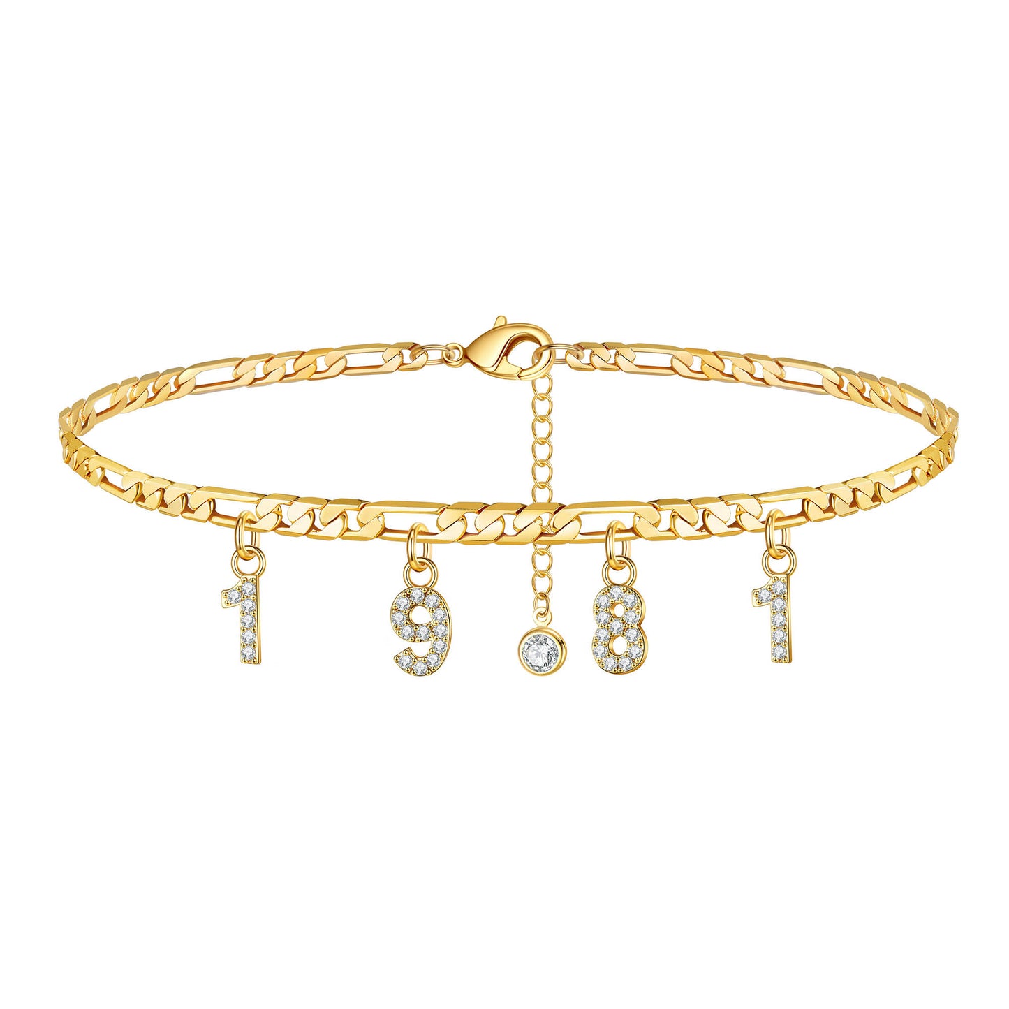 Birth Year Number Ankle Bracelets for Women, 14K Gold Filled Dainty CZ Date Anklet