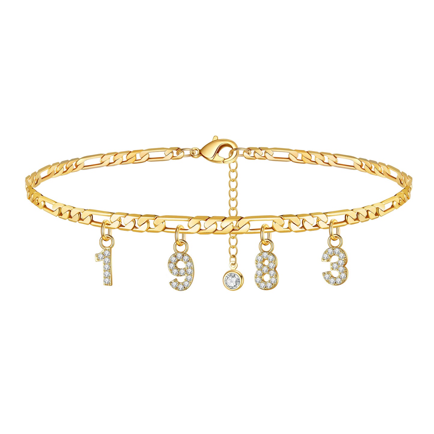 Birth Year Number Ankle Bracelets for Women, 14K Gold Filled Dainty CZ Date Anklet