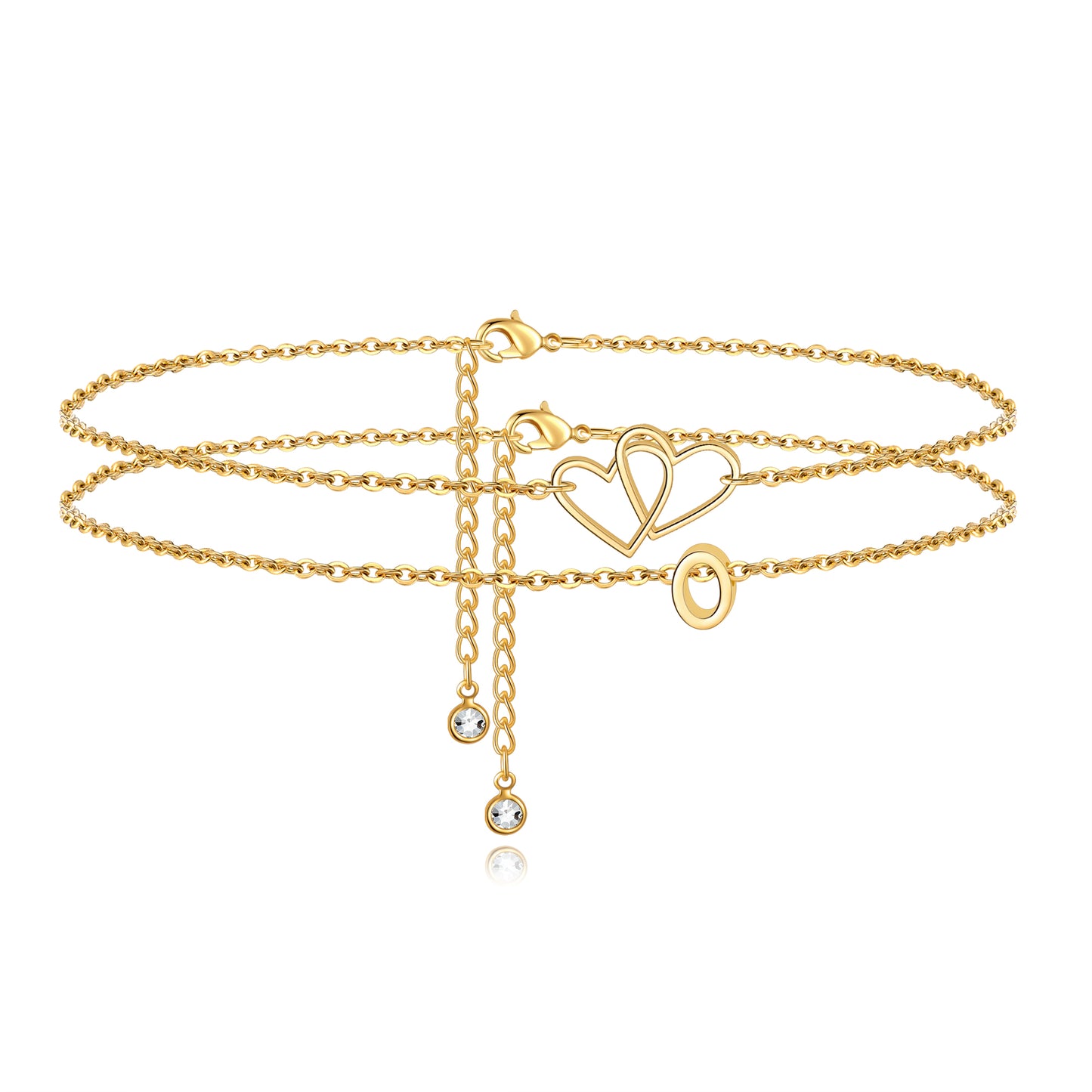 Initial Heart Ankle Bracelets for Women, 14K Gold Filled Handmade Layered Initial Anklet