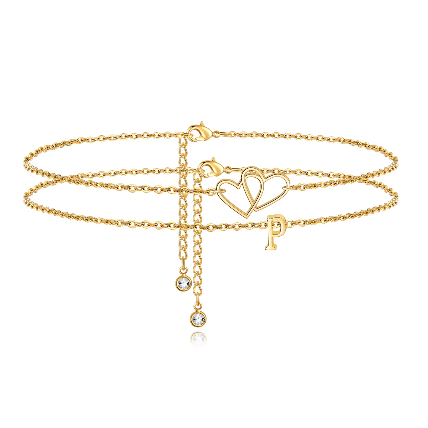 Initial Heart Ankle Bracelets for Women, 14K Gold Filled Handmade Layered Initial Anklet