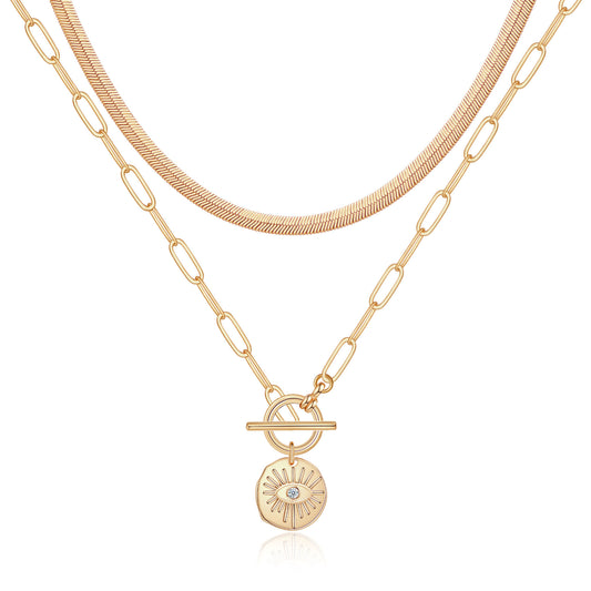 Layered Disc & Evil Eye Pendant Necklace