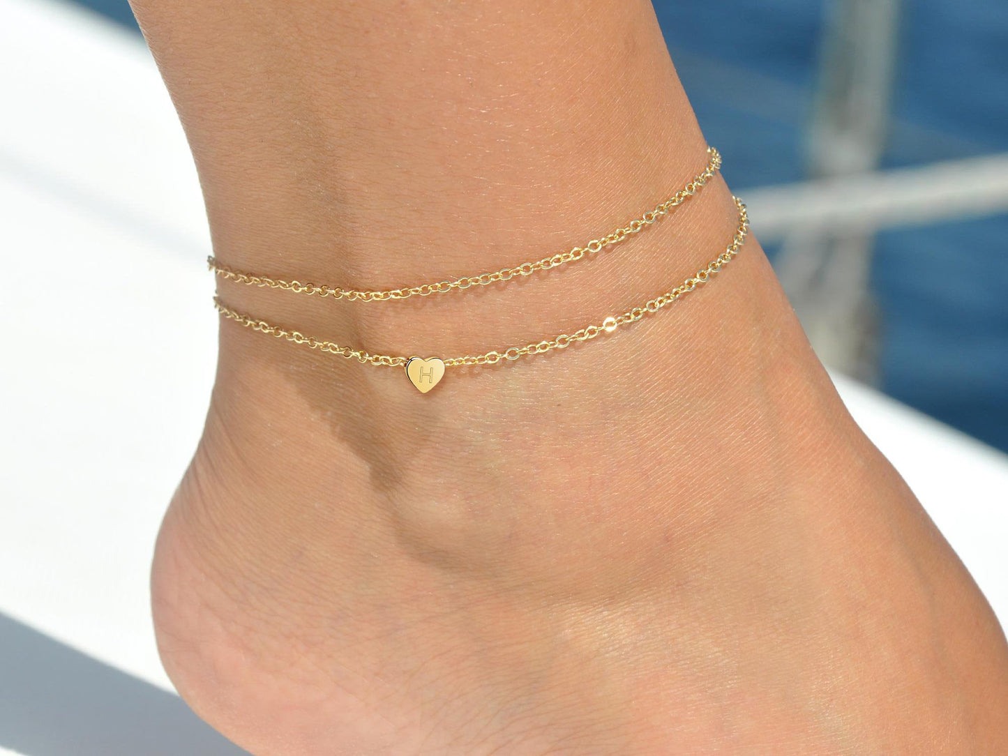 Layered Heart Initial Anklets