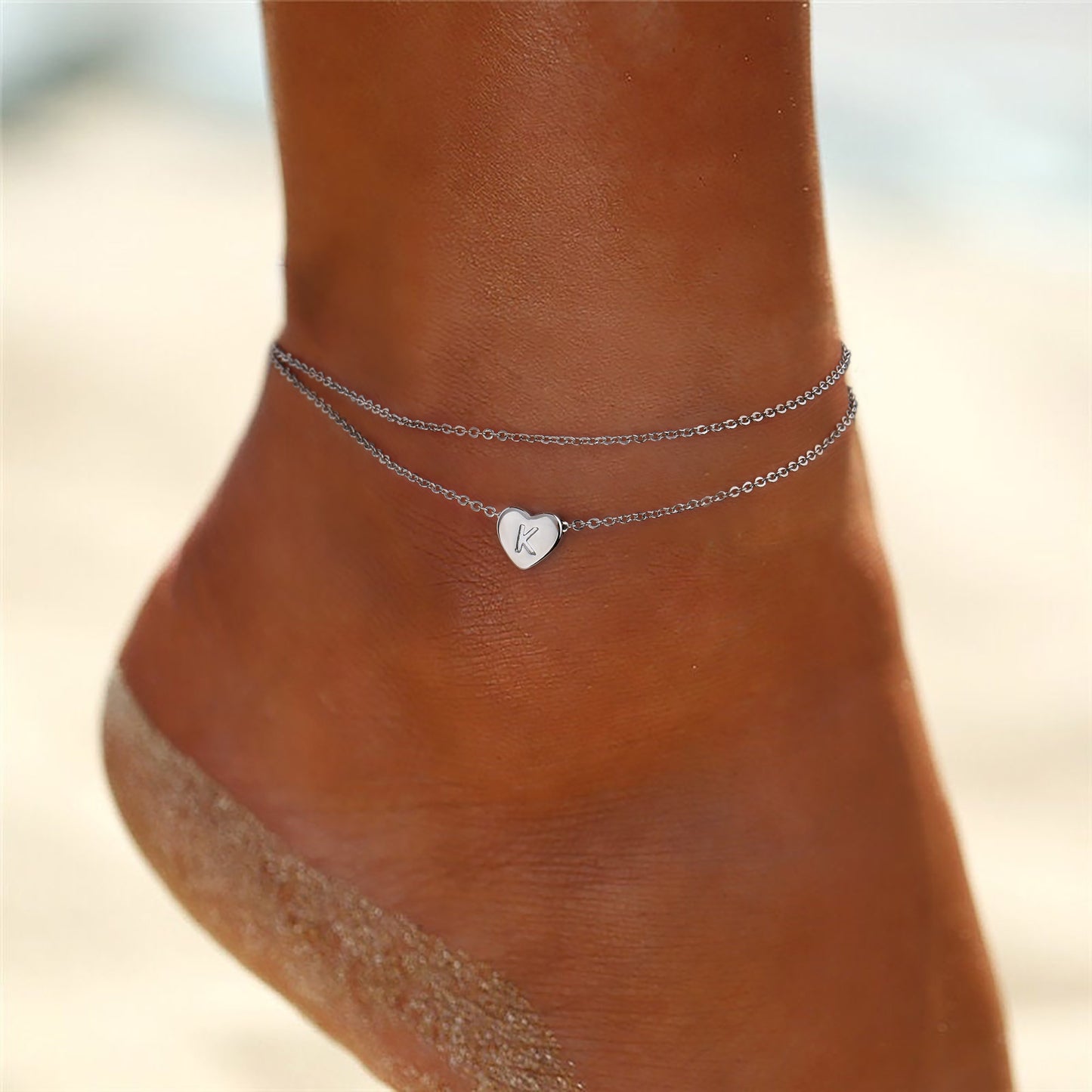 Tiny Silver Ankle for Women, Dainty Heart Initial Ankle